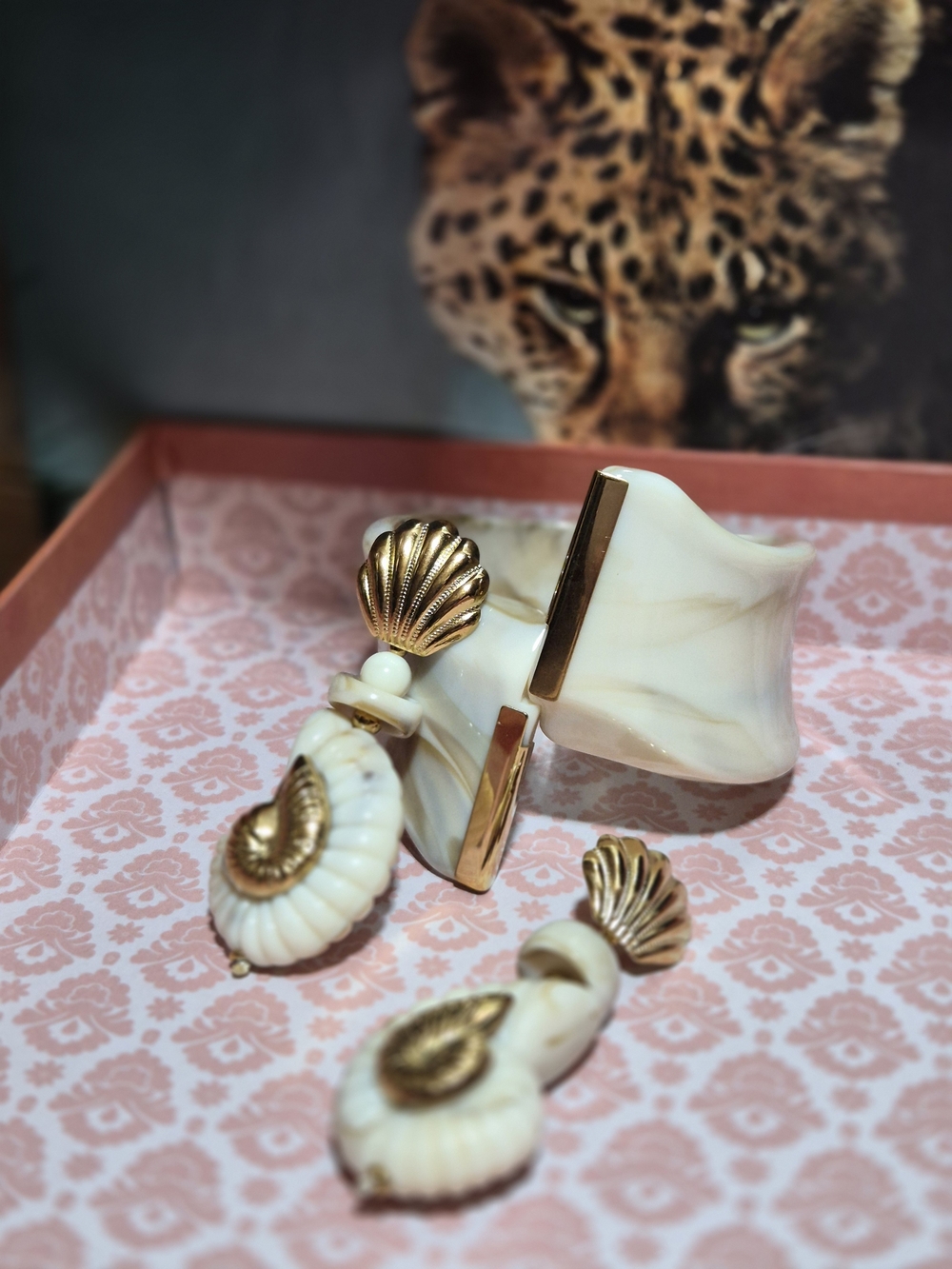 Cream Resin Cuff Bracelet with Gold Accents